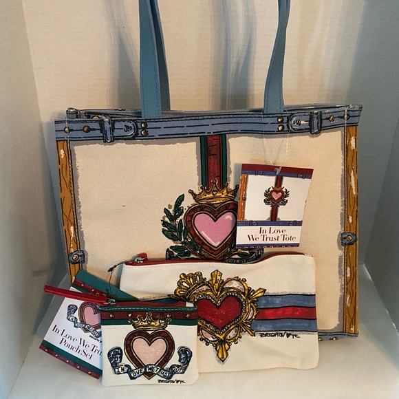 Brighton 2019 "In Love We Trust" 3pc Canvas Tote Bag & 2 Matching Pouch Set NWT - Picture 2 of 16
